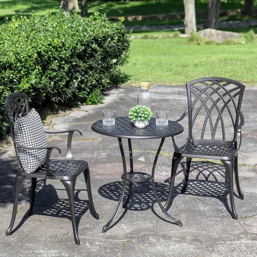 Miniatura 2 de NUU GARDEN Juego de mesa y sillas de aluminio fundido para patio, 3 piezas, con agujero para paraguas, juego de 2 unidades para patio, color negro