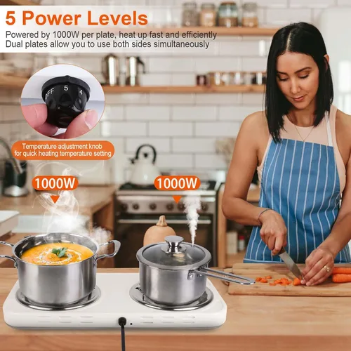 Miniatura 4 de Quemador doble de 2000 W, placa eléctrica para cocinar estufa de cocina portátil, quemador de encimera para cocina, dormitorio, control de Negro