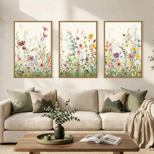 Miniatura 38 de Aryroi Juego de arte de pared en lienzo abstracto grande con marco floral, estilo bohemio, retro, neutro, flores silvestres, arte botánico de flores