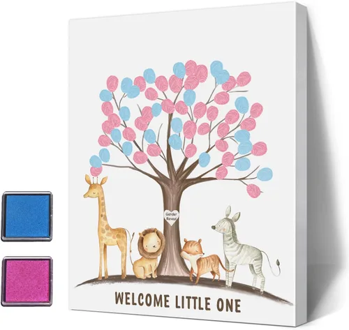 Miniatura 6 de Árbol de huellas dactilares para revelación de género del bebé con animales de safari, juego de adivinación de género para niños y niñas, ideas