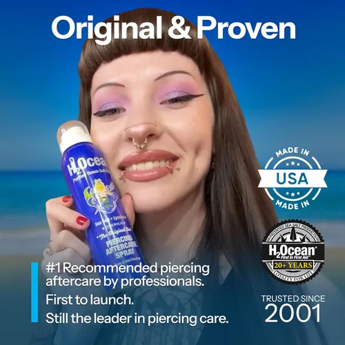 Miniatura 4 de Aerosol para cuidado de perforaciones corporales H2Ocean, agua salada marina purificada, 1.5 onzas líquidas, Azul