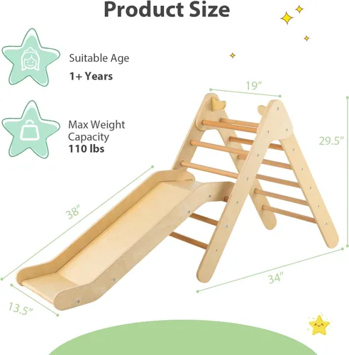 Miniatura 7 de OLAKIDS Juego de triángulo Pikler 2 en 1 juguetes de escalada para niños pequeños Gimnasio de selva plegable de madera Montessori con rampa
