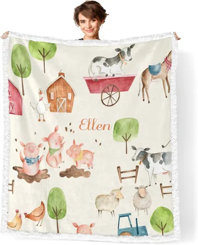 Divertidas mantas de sherpa personalizadas con animales de granja para niños y niñas, suave manta para siesta de recién nacido, regalo de ducha, 30