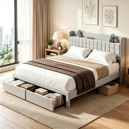 Miniatura 11 de DUMOS Base de cama tapizada de tamaño matrimonial, cama matrimonial con cajones de almacenamiento y cabecera de tela, soporte de listones de madera