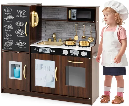 Miniatura 15 de Juego de cocina, juguete de cocina de madera para niños con microondas, nevera, horno fácil de hornear, pizarra y máquina de hielo, juguetes de Verde