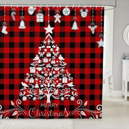 Miniatura 16 de Homewish Cortina de ducha de árbol de Navidad, juego de cortina de ducha de baño con diseño de copo de nieve dorado para niños y adultos, cortina