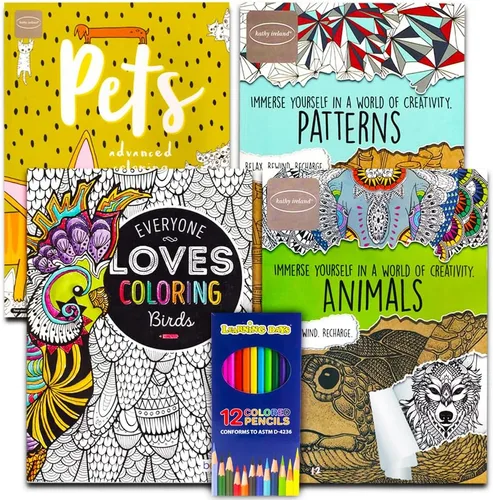 Adult Coloring Books Juego económico: 4 libros surtidos para colorear para adultos con kit de lápices de colores (más de 120 patrones para aliviar