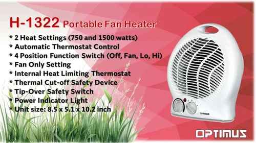 Miniatura 7 de Optimus H-1322 Calefactor portátil con ventilador de 2 velocidades y termostato, Blanco