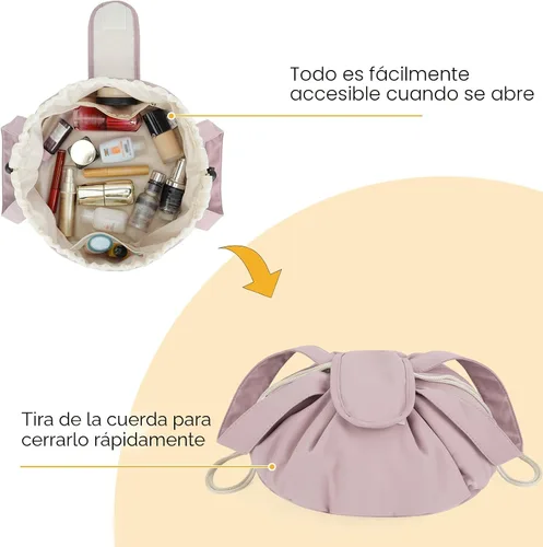 Miniatura 3 de Bolsa de maquillaje con cordón en forma de barril, bolsa grande de cosméticos, organizador de artículos de tocador para mujeres, Rosa polvoriento