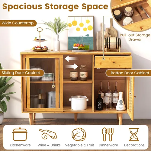 Miniatura 3 de Armario de buffet con almacenamiento, aparador de cocina con puertas correderas y cajón, mesa consola de ratán, barra de café para el hogar, sala
