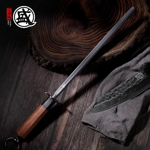 Miniatura 7 de MITSUMOTO SAKARI Varilla de acero para afilar cuchillos redondos de 12 pulgadas, acero de alto carbono recubierto de diamante con mango