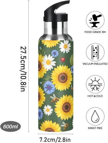 Miniatura 9 de BPA-Free Sport Water Bottle Insulated 20 Oz, Stainless Steel Vacuum Insulated Water Bottle for Gym Outdoor Travel School, Yellow Sunflowers