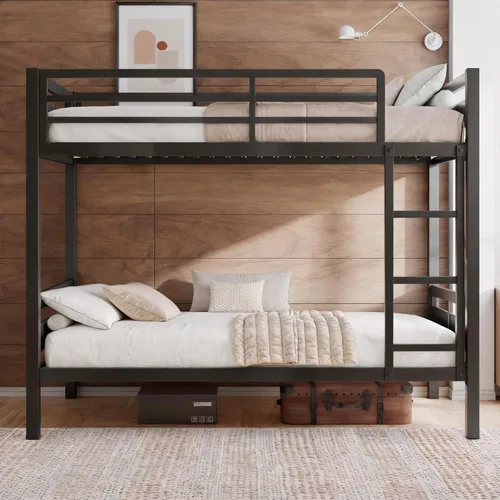 Miniatura 3 de Einhomn Litera matrimonial sobre matrimonial, cama de metal resistente con escalera y barandilla de longitud completa, espacio de almacenamiento