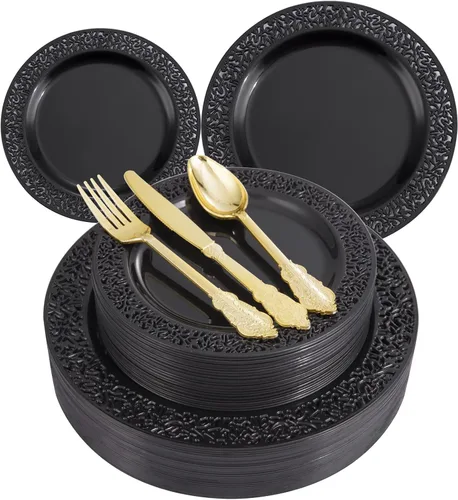 U-QE 150 platos de plástico negro con cubiertos de plástico dorado, platos negros desechables para fiestas, incluyen 30 platos llanos de 10.25