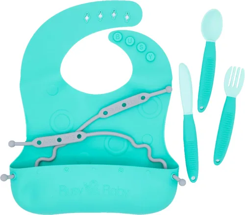 BUSY BABY Juego de babero elástico y utensilios – Babero de silicona ajustable con bolsillo y utensilios de amarre para bebés y niños pequeños