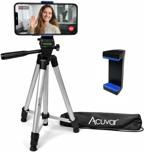 Miniatura 12 de Acuvar Trípode de teléfono de 50 pulgadas con soporte giratorio, filmación vertical y horizontal para iPhone y Android, trípode ligero de aluminio