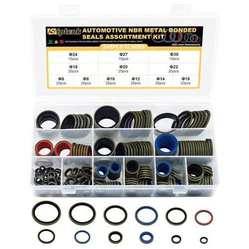 Miniatura 9 de Siptenk Juego de 165 arandelas de sellado autocéntricas automotrices surtidas de metal chapado en zinc negro NBR Dowty sellando junta tórica Juego