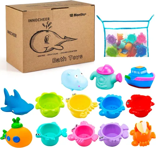 Miniatura 7 de INNOCHEER Juguetes de baño para bebés para niños pequeños, juguetes de mesa de agua con tazas apilables sin moho, red organizadora de secado rápido