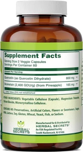 Miniatura 2 de Herbal Secrets Quercetina de 800 mg con bromelina de 165 mg, suplemento de cápsulas vegetales Sin OMG Sin gluten Fabricado en Estados Unidos