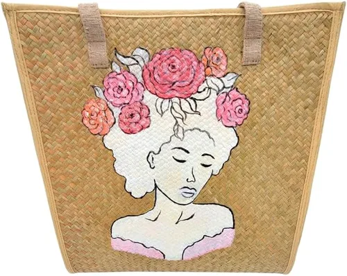 Miniatura 9 de Women's Handknitting Sea Grass Tote BagGirl Flower head Summer Tote BagHand Painted Acrylic color on seagrass Handcrafted Bag