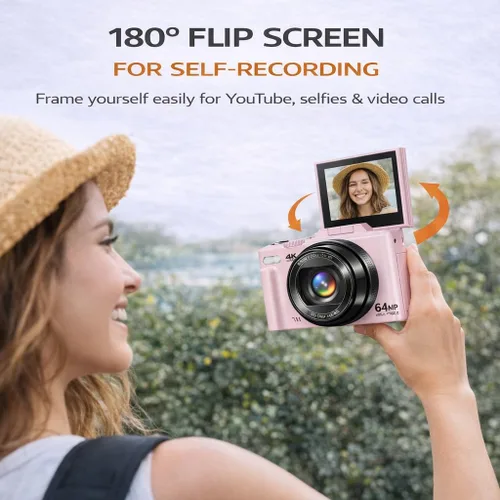 Miniatura 5 de Cámara digital 4K 64MP Vlogger Essentials Kit con trípode flexible, funda de transporte, lente gran angular, pantalla abatible de 180°, WiFi, zoom
