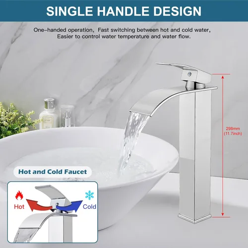 Miniatura 3 de Midanya Grifos altos para lavabo, cascada, lavabo, lavabo, con una sola manija, 1 agujero, moderno, con mangueras de drenaje emergentes