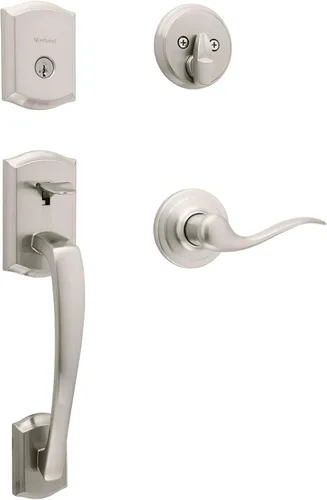 Kwikset Prescott - Juego de manija y cerrojo de puerta delantera, manija de entrada exterior con palanca reversible interior, níquel satinado,