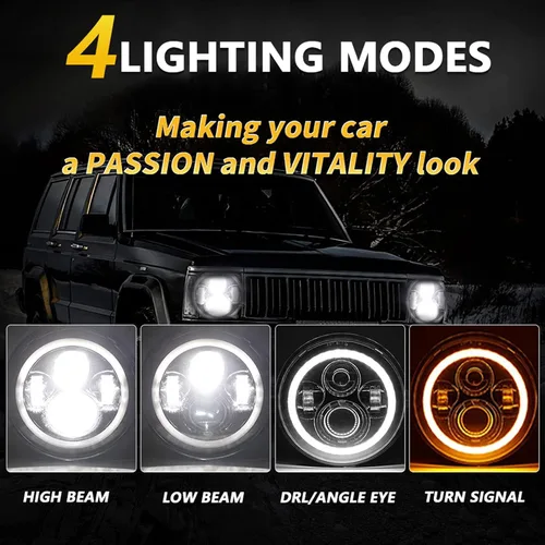 Miniatura 3 de Shkalacar Faro LED H4 de 7 pulgadas 140W Ojos de Ángel Faros redondos 4 modos 14000LM 6000K Blanco/3000K Ámbar Faro de coche y motocicleta Auto Ring