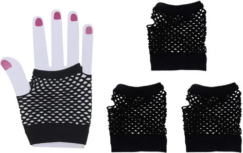Miniatura 5 de Penta Angel 2 pares de guantes de malla de nailon negro sin dedos guantes de malla elástica para la muñeca para fiestas temáticas de los años 80