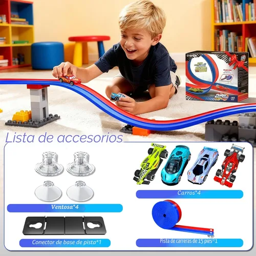Miniatura 7 de Pista de carreras de doble carril con ventosas, pista de carreras flexible portátil enrollable, ventosas fundidas a presión 1/64 para edades de 3