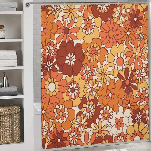 Miniatura 6 de Ohocut Cortina de ducha floral naranja, cortinas de ducha retro bohemias para baño, bonitas cortinas de baño de flores geniales, cortina de ducha
