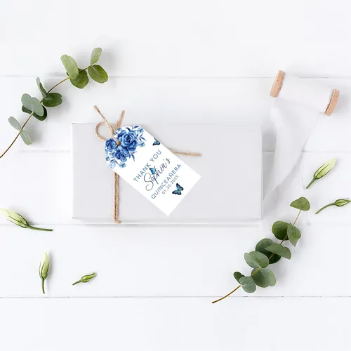 Miniatura 3 de Andaz Press Paquete de 40 etiquetas personalizadas para quinceañera con cuerda, mariposas azules etiquetas de agradecimiento personalizadas