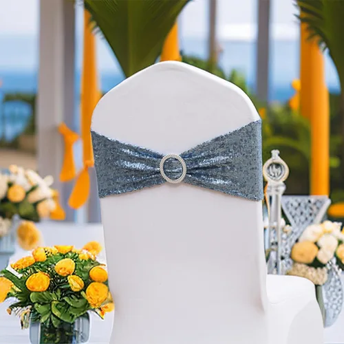 Miniatura 6 de Paquete de 50 bandas de lentejuelas color azul polvoriento para sillas de boda, lazos para fiestas, banquetes de cumpleaños, aniversario, eventos al