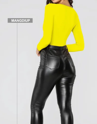 Miniatura 64 de MANGDIUP Body esencial para mujer, cuello redondo, manga larga, ajustado, elástico, de algodón y elastano