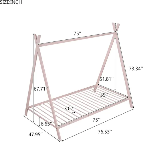 Miniatura 2 de SOFTSEA Base de cama baja triangular de metal individual con tablillas, marco de cama individual para niños (rosa)