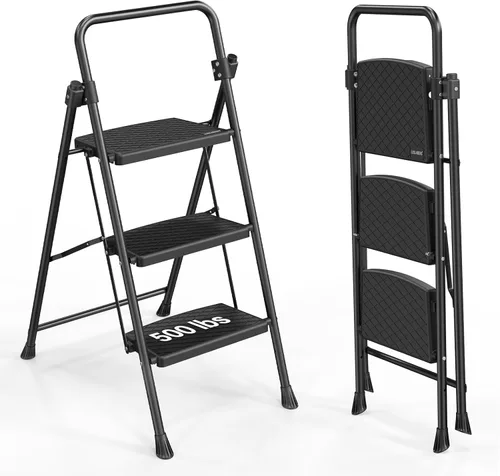 LUISLADDERS Escalera de 3 escalones con barandillas, taburete plegable con pedal antideslizante ampliado, escalera ligera de 500 libras, plegable de