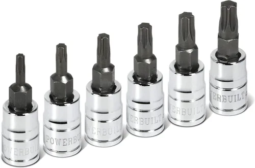 Powerbuilt 640049 - Juego de 6 llaves de vaso Torx de 1/4 pulgadas, T10 T15 T20 T25 T27 T30, brocas S2 y enchufes de cromo-vanadio, estante de