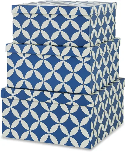Soul & Lane Juego de 3 cajas decorativas con tapas, cuadradas de 28 cm x 28 cm, de cartón anidadas para decoración del hogar en azul y crema, cajas