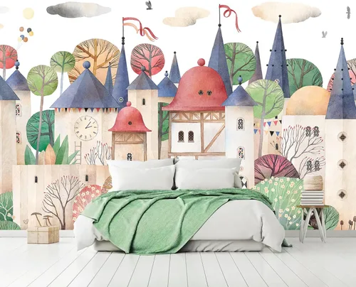 Miniatura 2 de Papel pintado de casa de acuarela de dibujos animados para guardería, murales de pared para habitación de niños 114" x 74" (no despegar y pegar)
