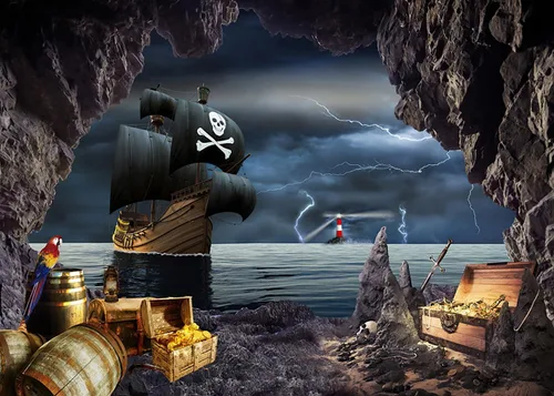 Telón de fondo de barco pirata de 7 x 5 pies, aventura náutica, búsqueda del tesoro, fotografía, telón de fondo, temática pirata, decoraciones de