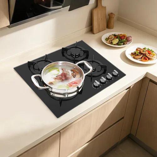 Miniatura 8 de Estufa de gas de 23 pulgadas, 4 quemadores, estufa de gas integrada con panel de vidrio templado, estufa de GN/LPG, quemadores de cocina
