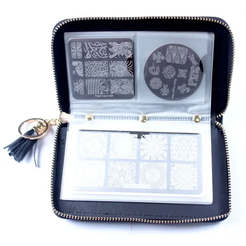 Miniatura 3 de Estuche para placa de estampado de uñas de 24 ranuras, redondo, cuadrado, rectangular, organizador de placa de sello de uñas, color rosa, negro