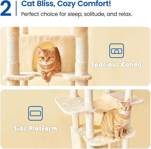 Miniatura 4 de MWPO - Árbol grande para gatos, torre de 67.7 pulgadas de altura para gatos de interior con 2 condominios, soporte de varios niveles con 3 hamacas