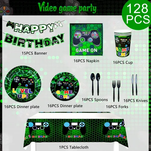 Miniatura 2 de Vajilla de fiesta de cumpleaños para 16 invitados, platos de videojuegos y servilletas, suministros para fiestas, incluye platos de fiesta