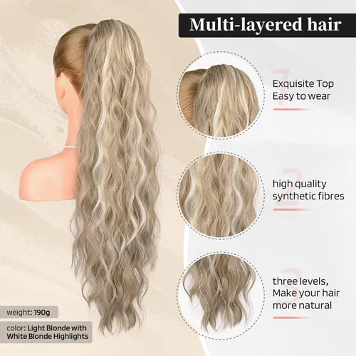 Miniatura 2 de FLUFYMOOZ Extensión de Cola de Caballo, Extensiones de Cabello de Cola de Caballo con Cordón de 26 Pulgadas para Mujeres, Postizo de Cabello