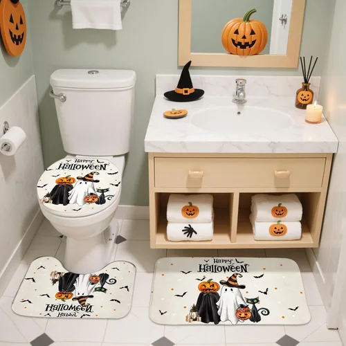 Miniatura 4 de Mocsicka Juego de cortinas de ducha de Halloween para baño, 4 piezas, fantasma, gato, calabaza, juegos de baño con alfombras antideslizantes