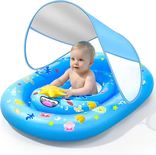 Flotador inflable de piscina para niños con protector solar UPF50+, flotador de piscina para bebés con dosel círculo de natación infantil durante
