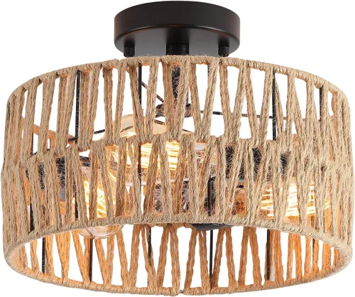 Miniatura 13 de Accesorio de Lámpara de Techo Empotrada Tejida en Oro Antiguo Costero, Luz de Techo Semi Empotrada Rústica Boho de Cuerda de Cáñamo Latón