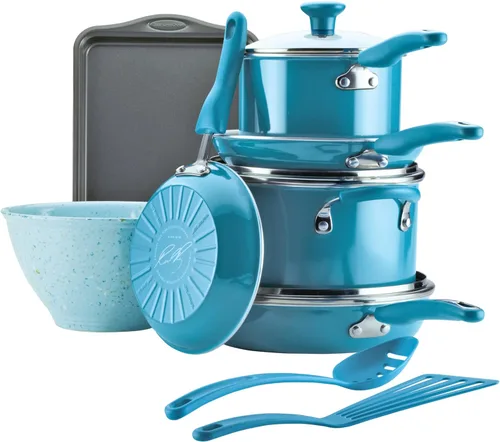Miniatura 4 de Rachael Ray Get Cooking! Juego de ollas y sartenes antiadherentes, incluye bandeja para hornear y herramientas de cocina, 12 piezas, turquesa