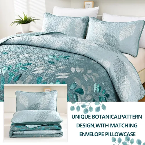 Miniatura 4 de WONGS BEDDING Juego de edredón floral tamaño Queen, 3 piezas, colcha con hojas botánicas en color agua, juego de edredón con 2 fundas de almohada
